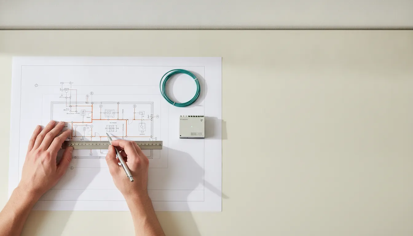 Plan d'installation annoté posé sur un établi, à côté d'un module sur rail DIN.