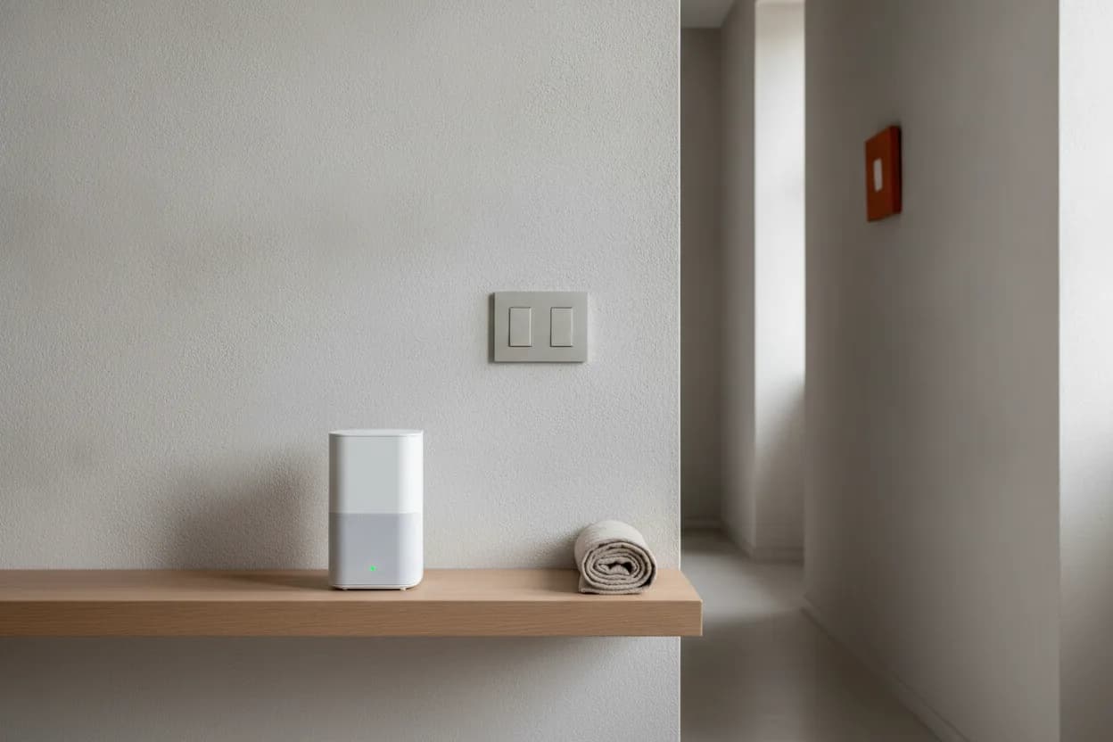 Enceinte compacte sur une tablette en chêne, à côté d'une plaque d'interrupteur murale.