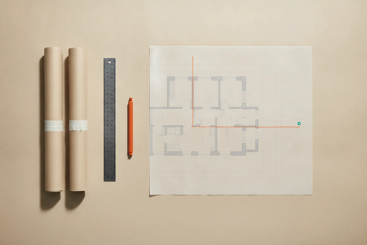 Plan d'architecte annoté avec repérage des courants faibles et du local technique.