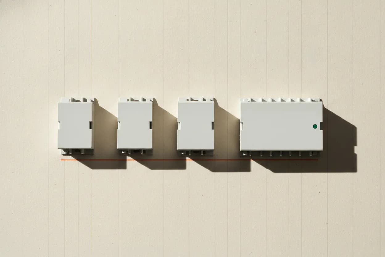 Planche de modules domotiques sur rail DIN, vue de dessus sur fond papier.