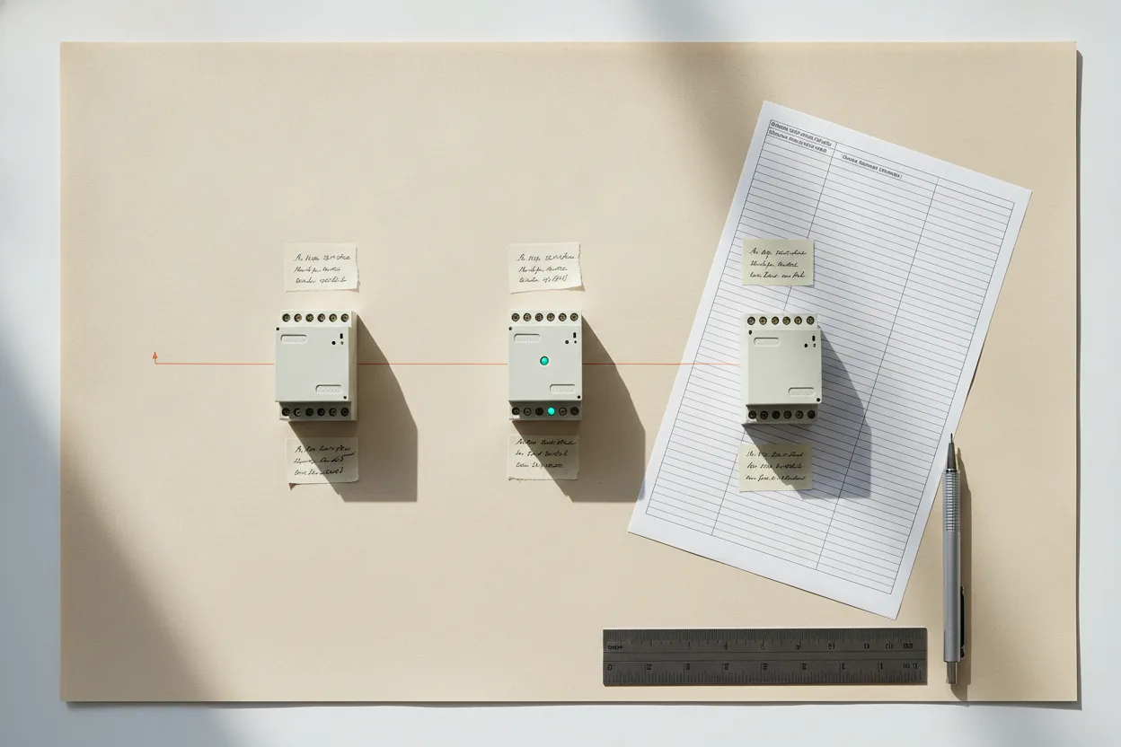 Trois modules d'installation alignés sur une planche de papier, chacun accompagné de son étiquette de site.